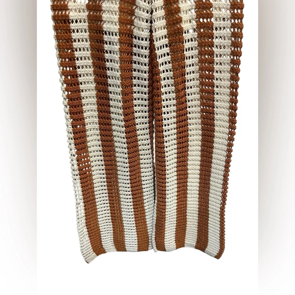 Solitaire Crocket Knit Cream and Brown Wide Leg Elastic Waist Pants - Medium - Picture 4 of 8